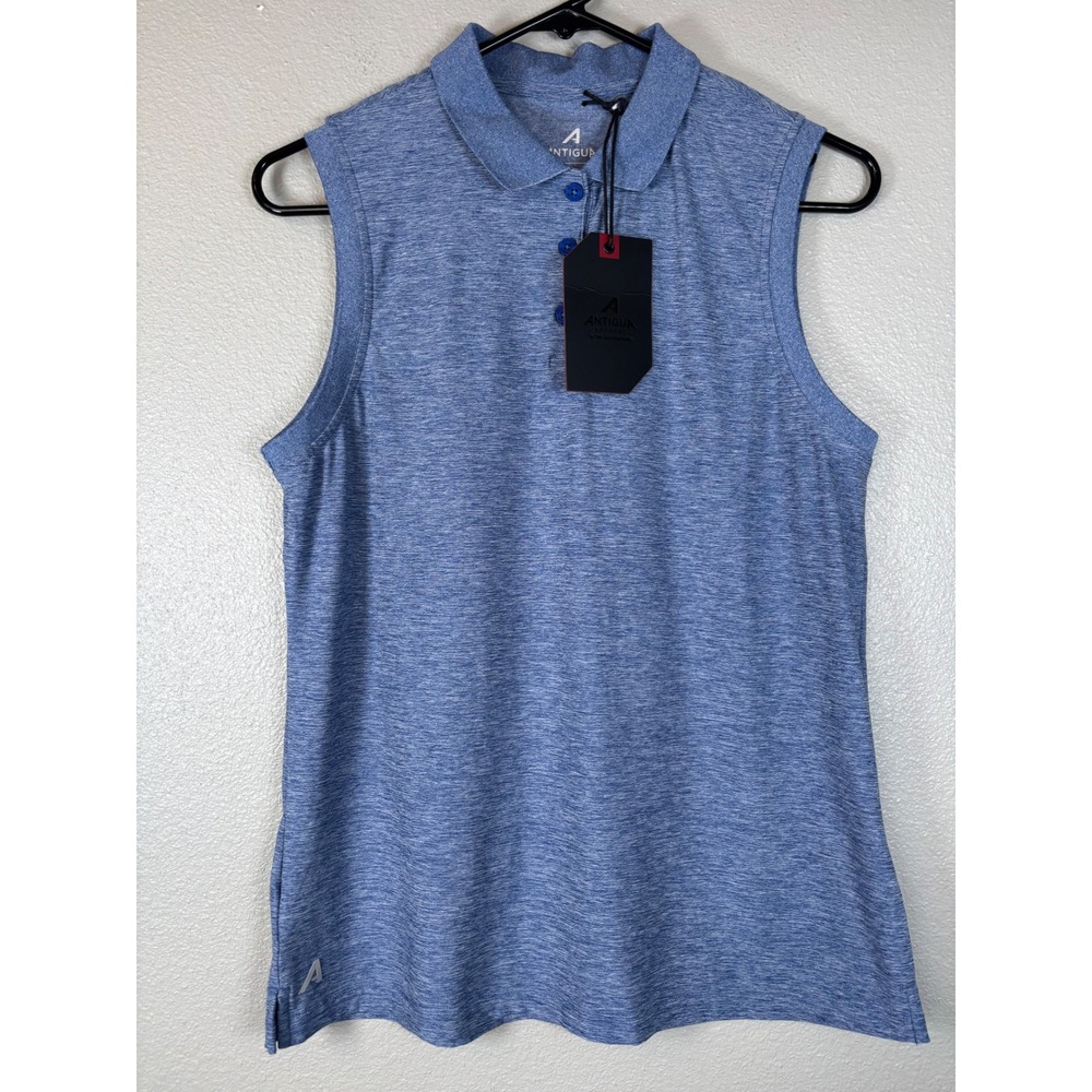 Antigua Women Blue Heathered Recap Sleeveless Golf Polo Shirt Medium NEW